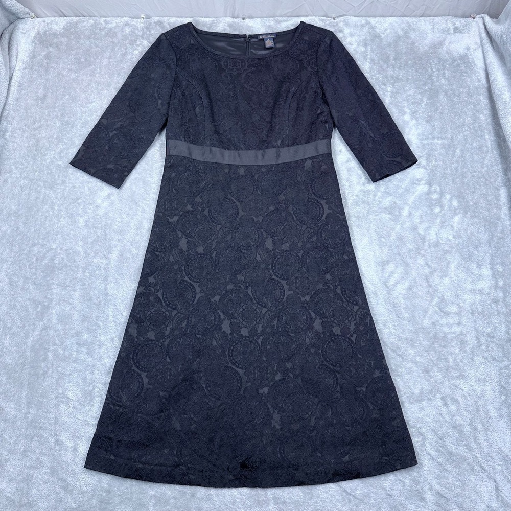 Brooks Brothers Lace Overlay Dress Womens 6 Navy Midi Lined 1/2 Sleeve Formal